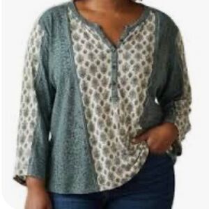 Style & Co. Woman cream & green paisley-print henley blouse long sleeves Size 2X